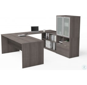 I3 Plus Bark Gray U Desk with Frosted Glass Door Hutch
