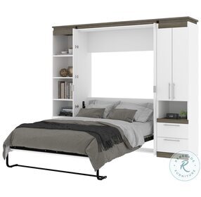 Orion White And Walnut Grey 98" Full Murphy Bed And Narrow Storage Solutions With Drawers