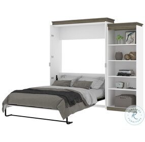 Orion White And Walnut Grey 94" Queen Murphy Bed With Shelving Unit