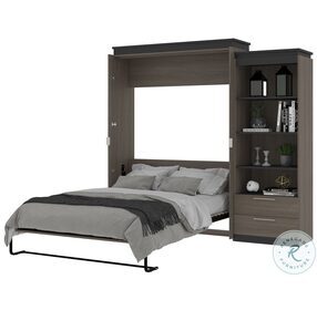 Orion Bark Gray And Graphite 94" Queen Murphy Bed And Shelving Unit With Drawers