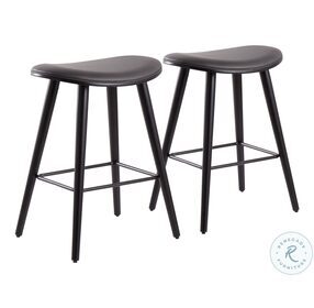 Saddle Black Wood And Grey Faux Leather With Black Metal 26" Counter Height Stool Set Of 2