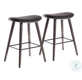 Saddle Grey Wood And Black Faux Leather With Black Metal 26" Counter Height Stool Set Of 2