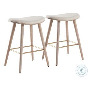 Saddle White Washed Wood And Cream Fabric With Gold Metal 26" Counter Height Stool Set Of 2