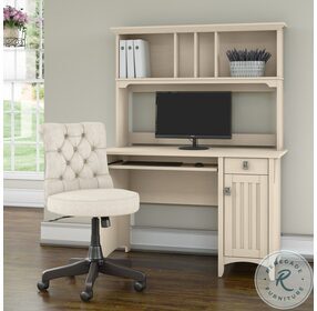Salinas Antique White 48" Computer Desk with Hutch and Mid Back Tufted Office Chair