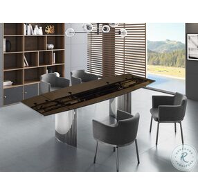 Allegra Smoked Clear Brown And High Polished Stainless Steel Extendable Dining Room Set