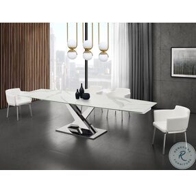 X Base White Marbled And High Polished Stainless Steel Extendable Dining Room Set