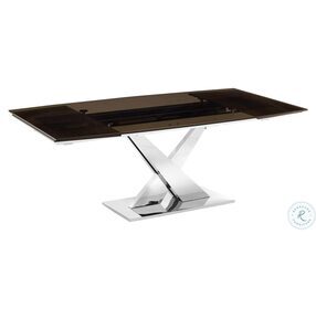 X Base Smoked Brown And High Polished Stainless Steel Extendable Dining Table