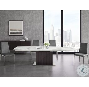 Moon White Marbled And Dark Oak Extendable Dining Room Set