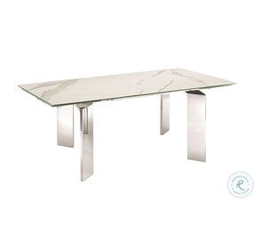 Astor White Marbled Porcelain Top And High Polished Stainless Steel Extendable Dining Table