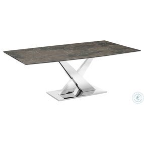 X Base Brown Marbled And High Polished Stainless Steel Dining Table
