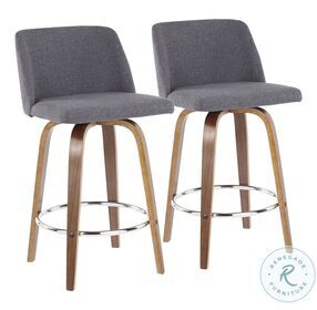 Toriano Walnut And Blue Fabric With Round Footrest Counter Height Stool Set Of 2