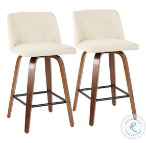 Toriano Walnut And Cream Fabric With Square Black Footrest Counter Height Stool Set Of 2