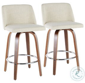 Toriano Walnut And Cream Fabric With Round Chrome Footrest Counter Height Stool Set Of 2