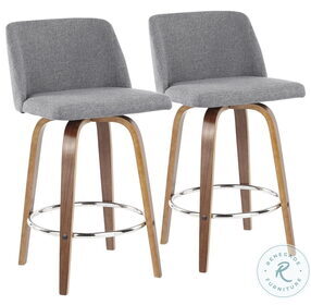 Toriano Walnut And Grey Fabric With Round Chrome Footrest Counter Height Stool Set Of 2