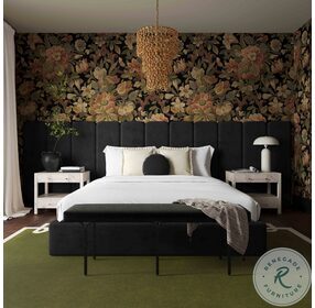 Palani Black Velvet Upholstered Panel Bedroom Set with Wings