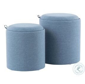 Tray Blue Fabric And Natural Wood Nesting Ottoman Set of 2