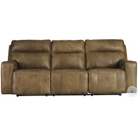 Game Plan Caramel Leather Power Reclining Sofa with Adjustable Headrest