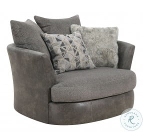 Bright Gray Herringbone Tweed And Faux Leather Swivel Accent Chair