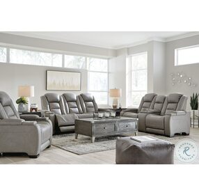 The Man-Den Gray Leather Power Reclining Living Room Set with Adjustable Headrest