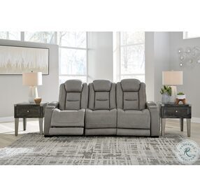 The Man-Den Gray Leather Power Reclining Sofa with Adjustable Headrest