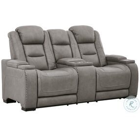 The Man-Den Gray Leather Power Reclining Console Loveseat with Adjustable Headrest