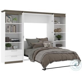 Orion White And Walnut Grey 118" Full Murphy Bed And 2 Shelving Units With Drawers