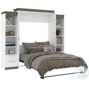 Orion White And Walnut Grey 104" Queen Murphy Bed And 2 Narrow Shelving Units With Drawers