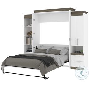 Orion White And Walnut Grey 104" Queen Murphy Bed With Narrow Storage Solutions