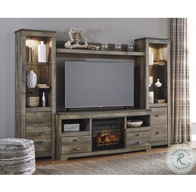 Trinell Brown 4 Piece Entertainment Wall Unit with Electric Fireplace
