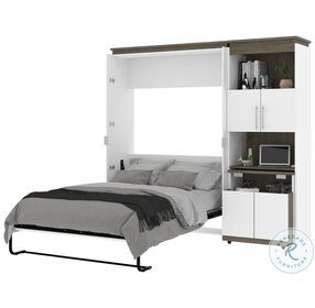 Orion White And Walnut Grey 89" Full Murphy Bed And Shelving Unit With Fold Out Desk