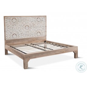 Haveli Natural Geometric Carved King Panel Bed