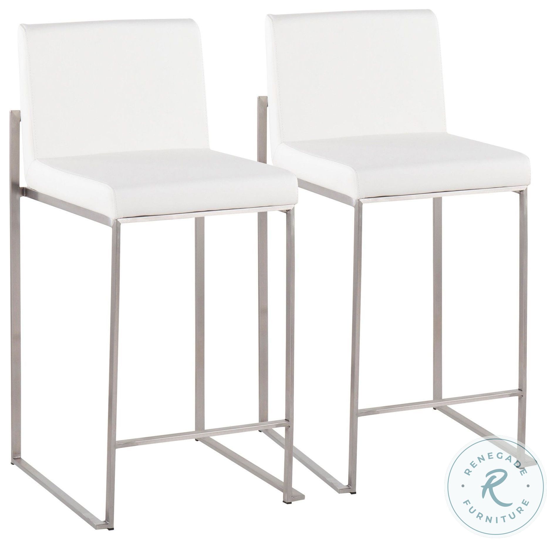 Fuji White PU And Stainless Steel High Back Counter Height Stool Set of 2