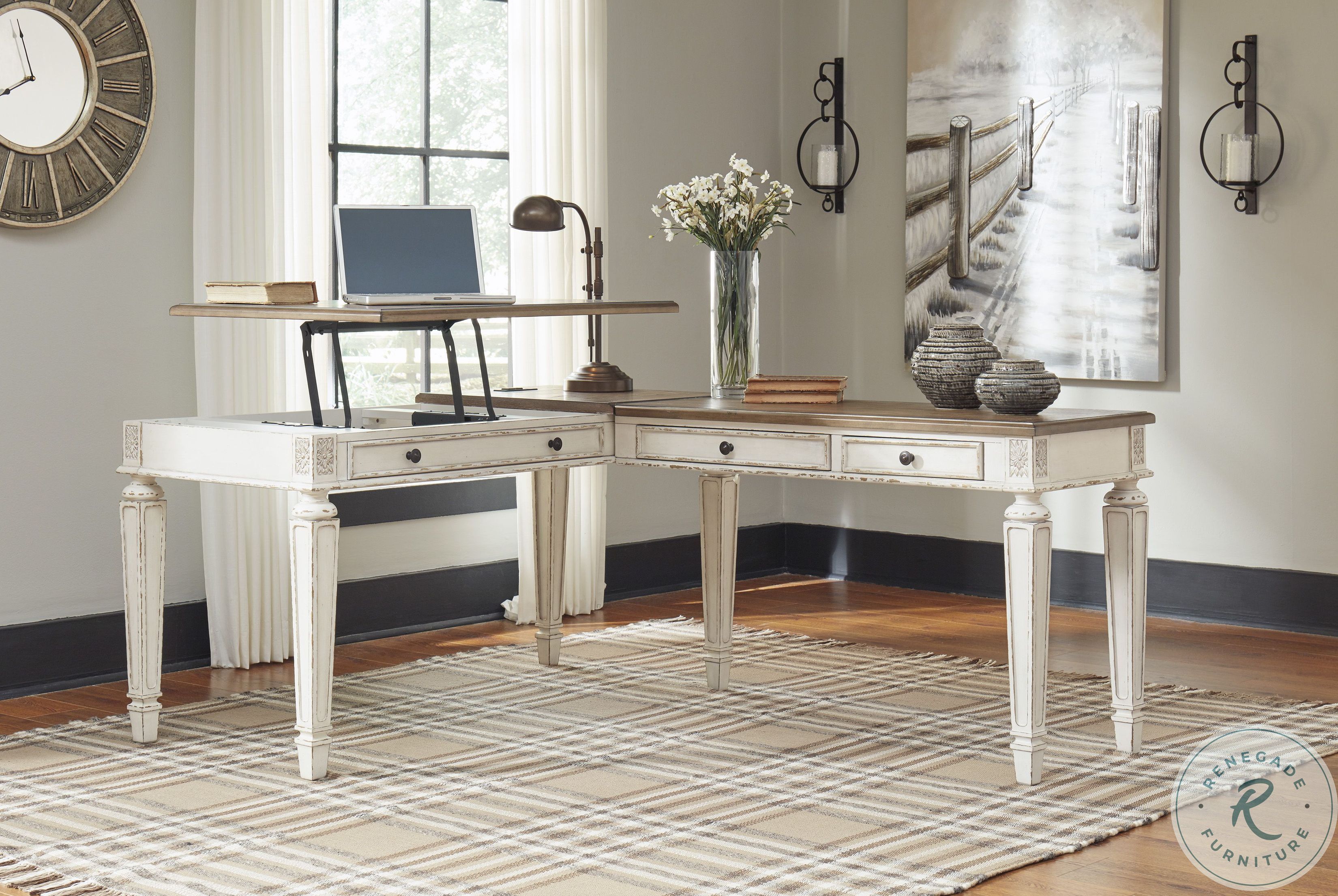 Realyn White And Brown Home Office Lift Top Desk with Return