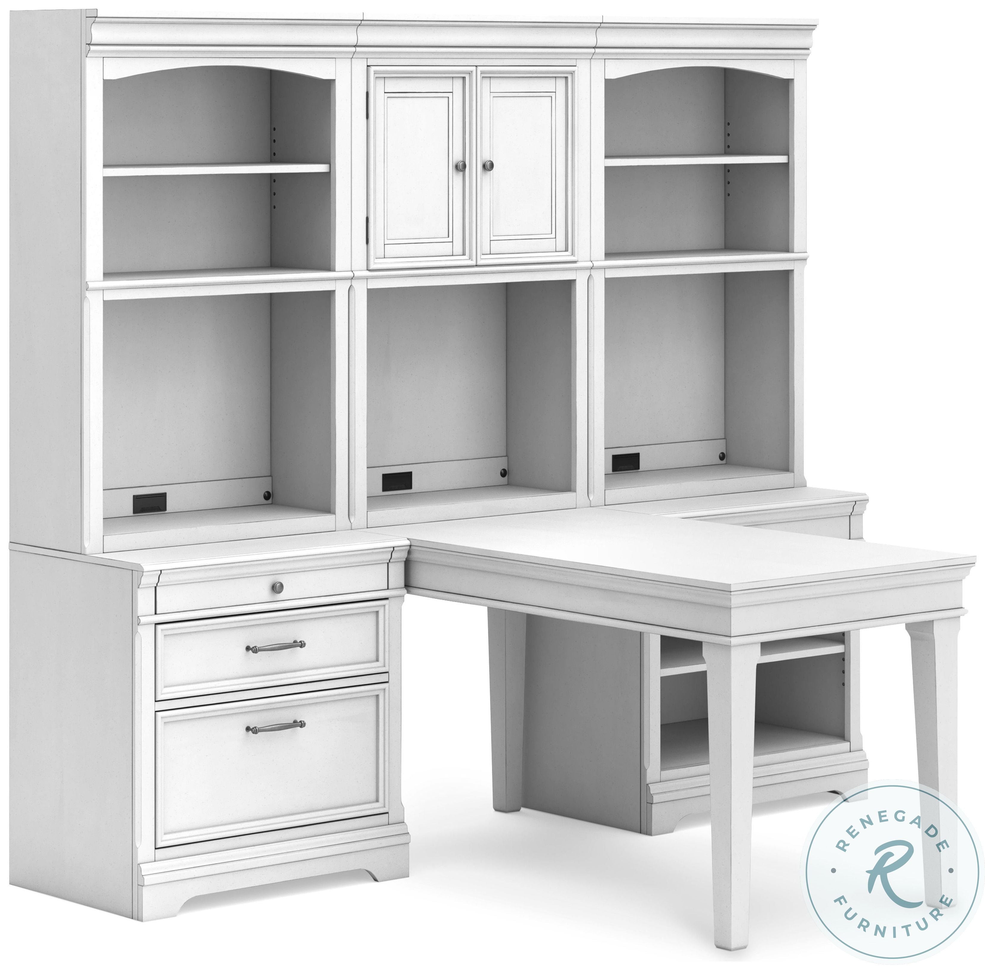 Kanwyn Whitewash Desk With Double Bookcase And Hutch