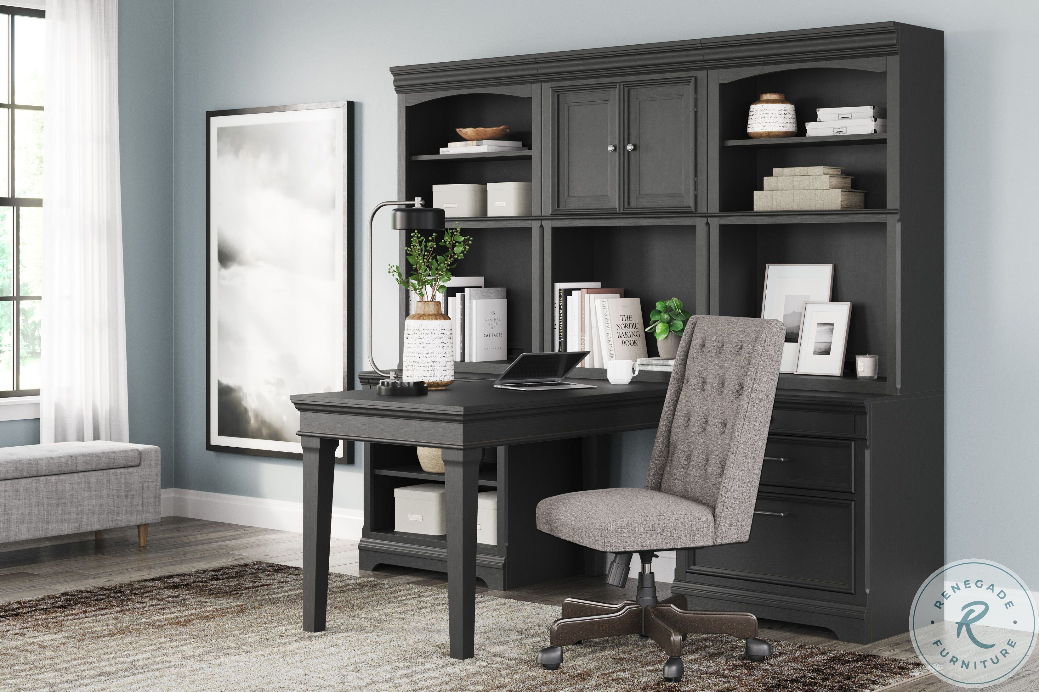 Beckincreek Black Desk With Double Bookcase And Hutch