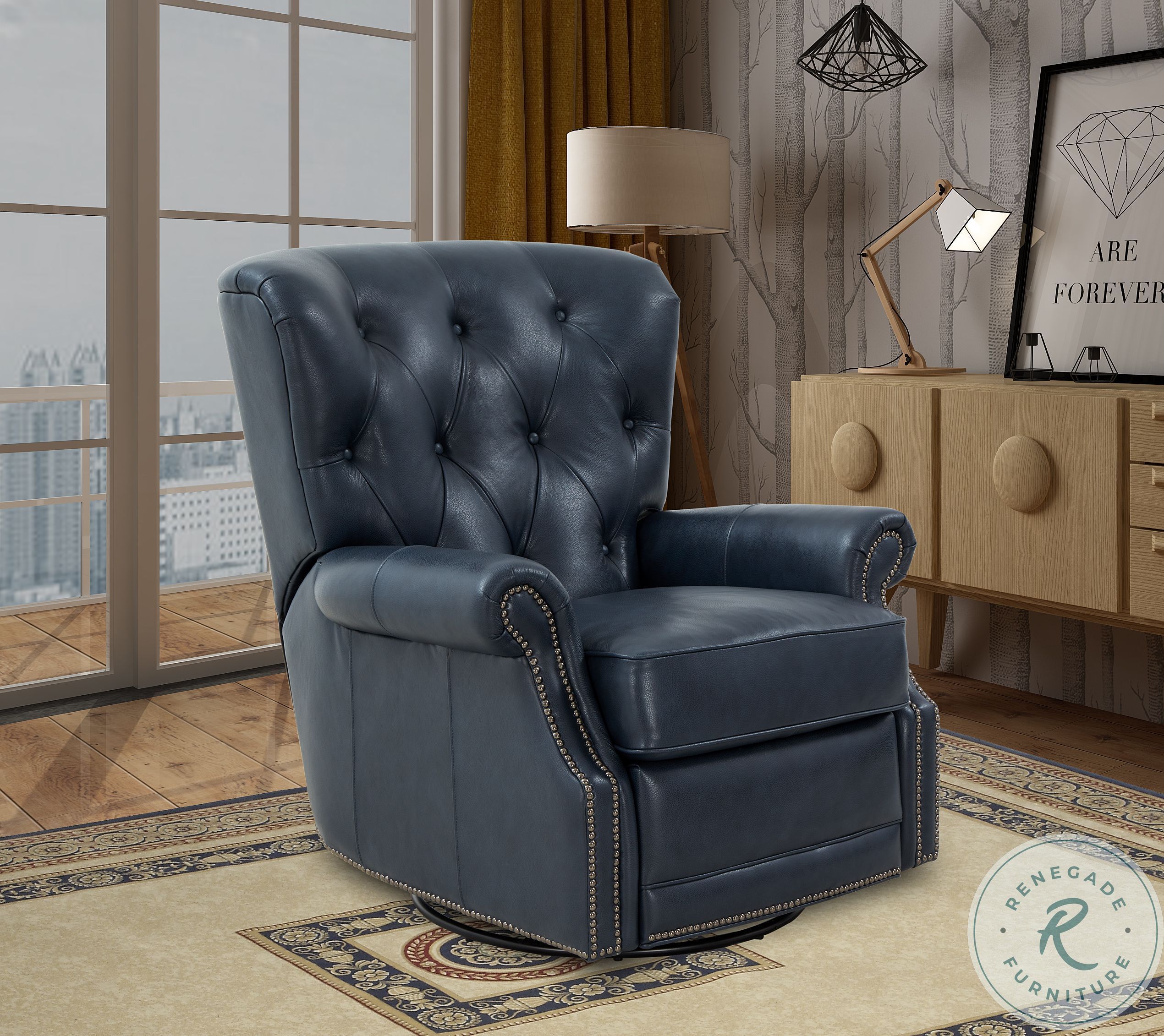 Heritage Barone Navy Blue Leather Power Swivel Glider Recliner