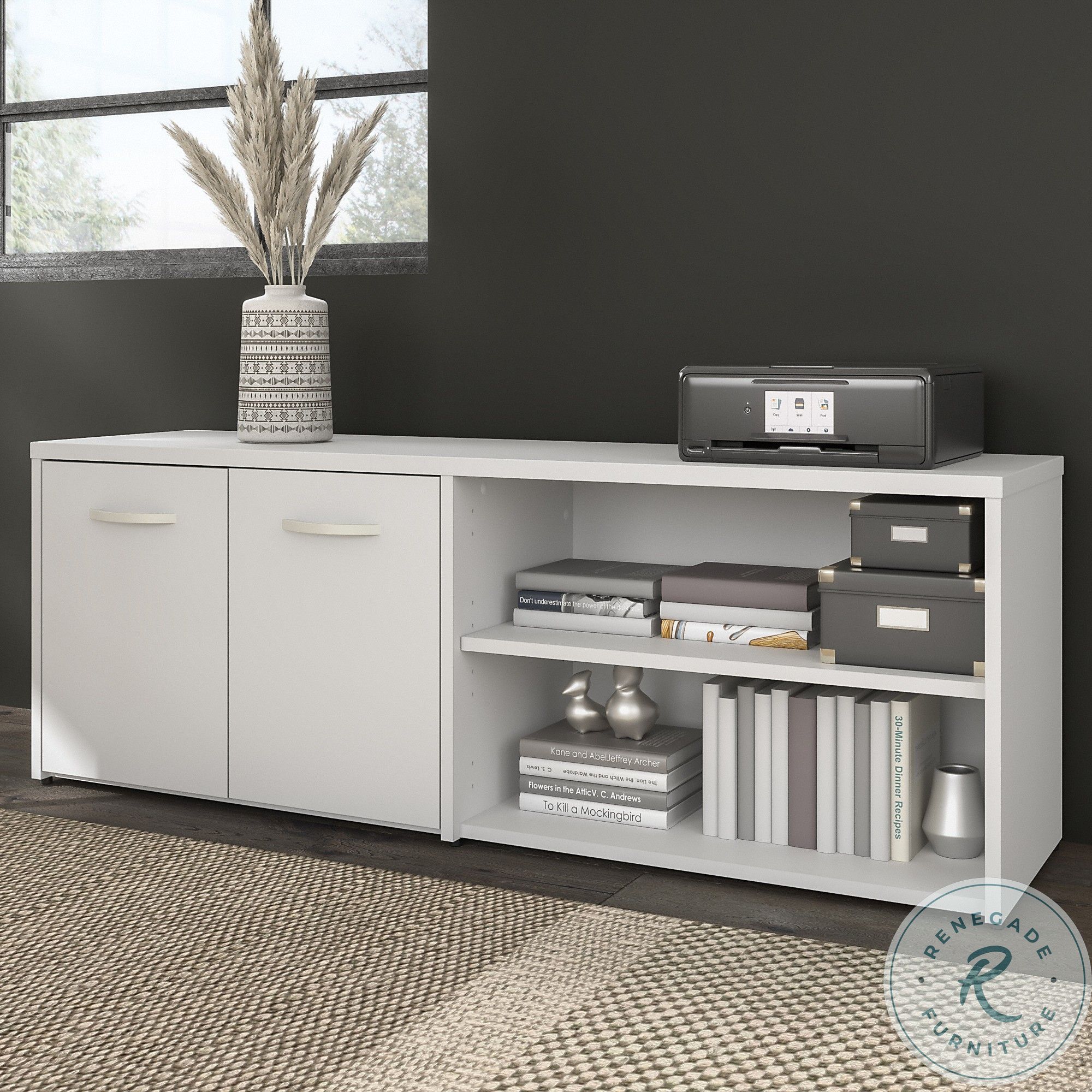 Hybrid White Low Storage Cabinet with Doors and Shelves