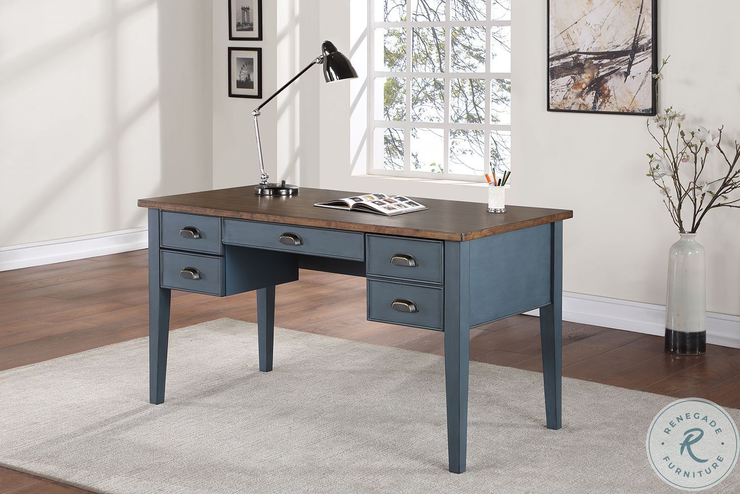 Fairmont Farmhouse Blue Half Pedestal Executive Desk