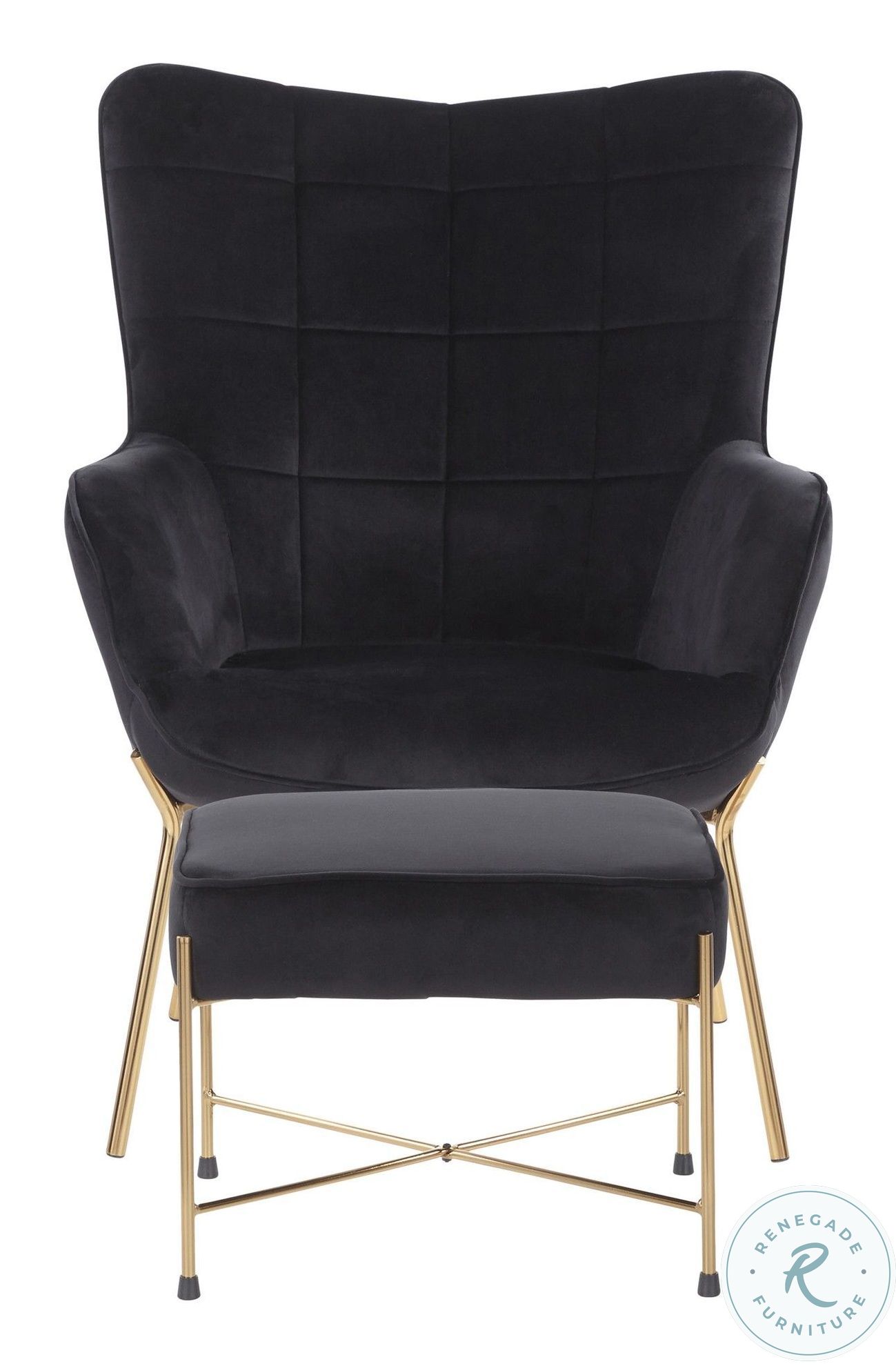Izzy Gold Metal And Black Velvet Fabric Lounge Chair And Ottoman Set