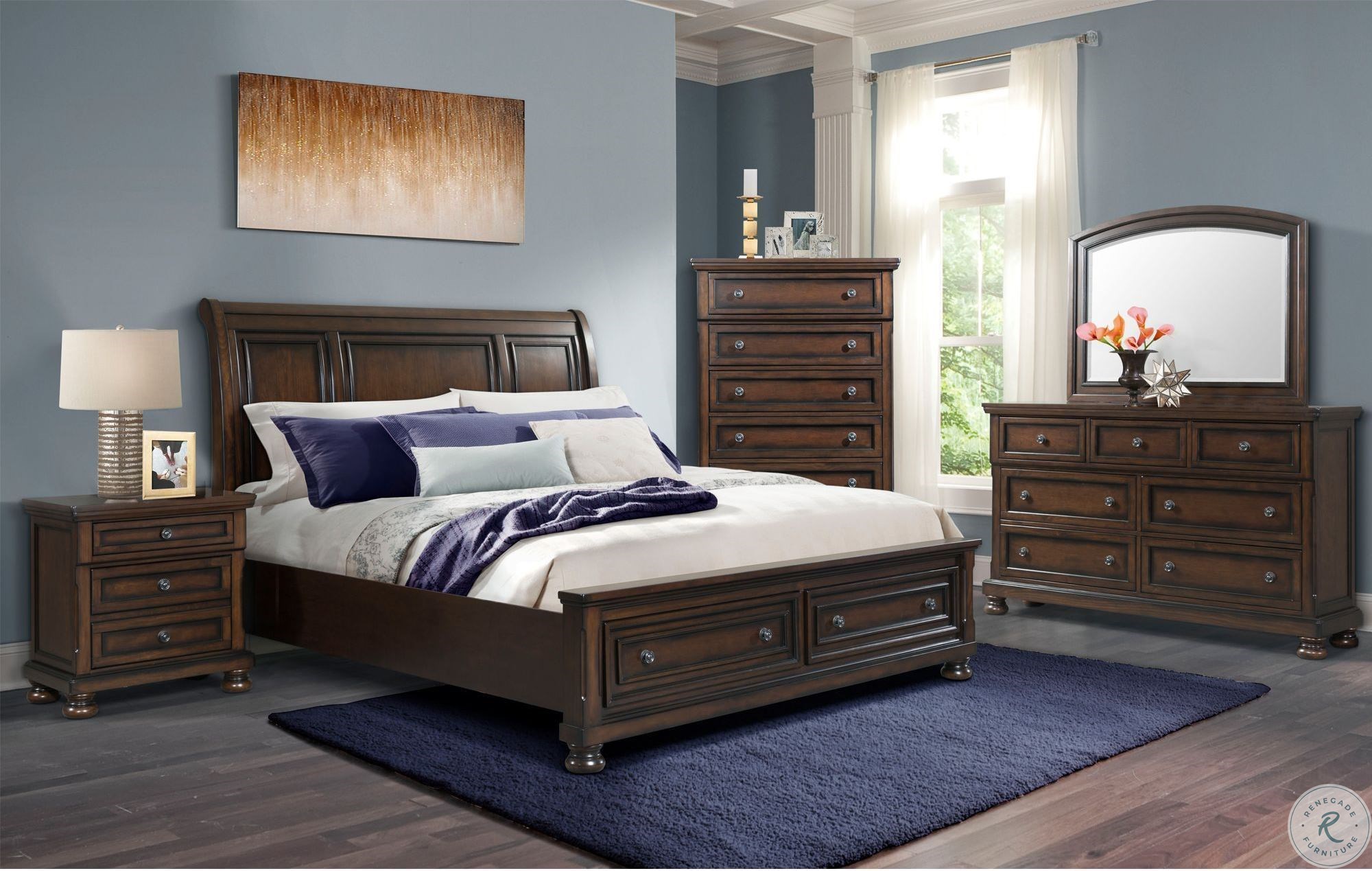 Kingsley Walnut Storage Sleigh Bedroom Set | HomeGalleryStores.com ...