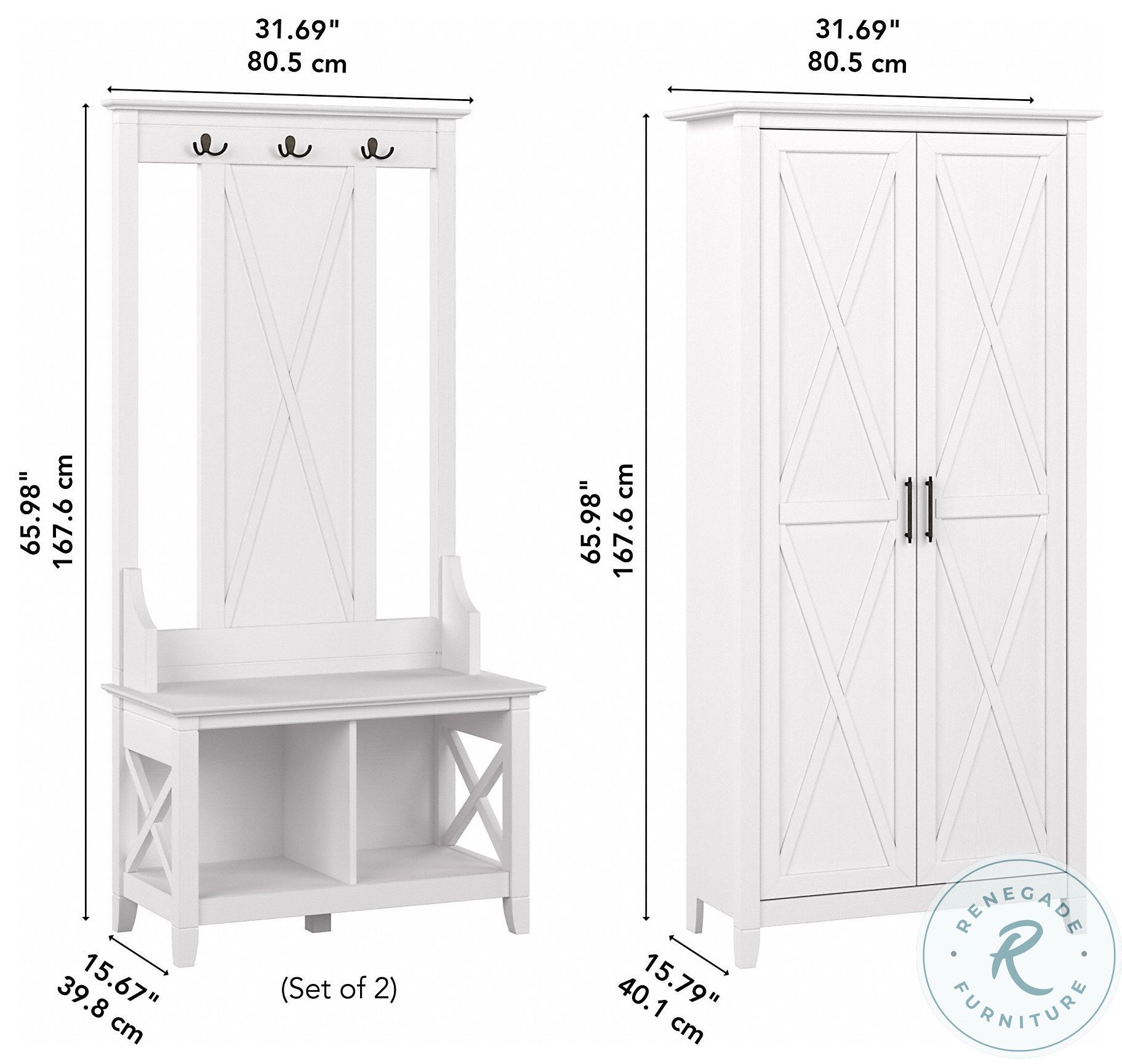 Key West Pure White Oak Entryway Storage Set with Hall Tree Shoe Bench