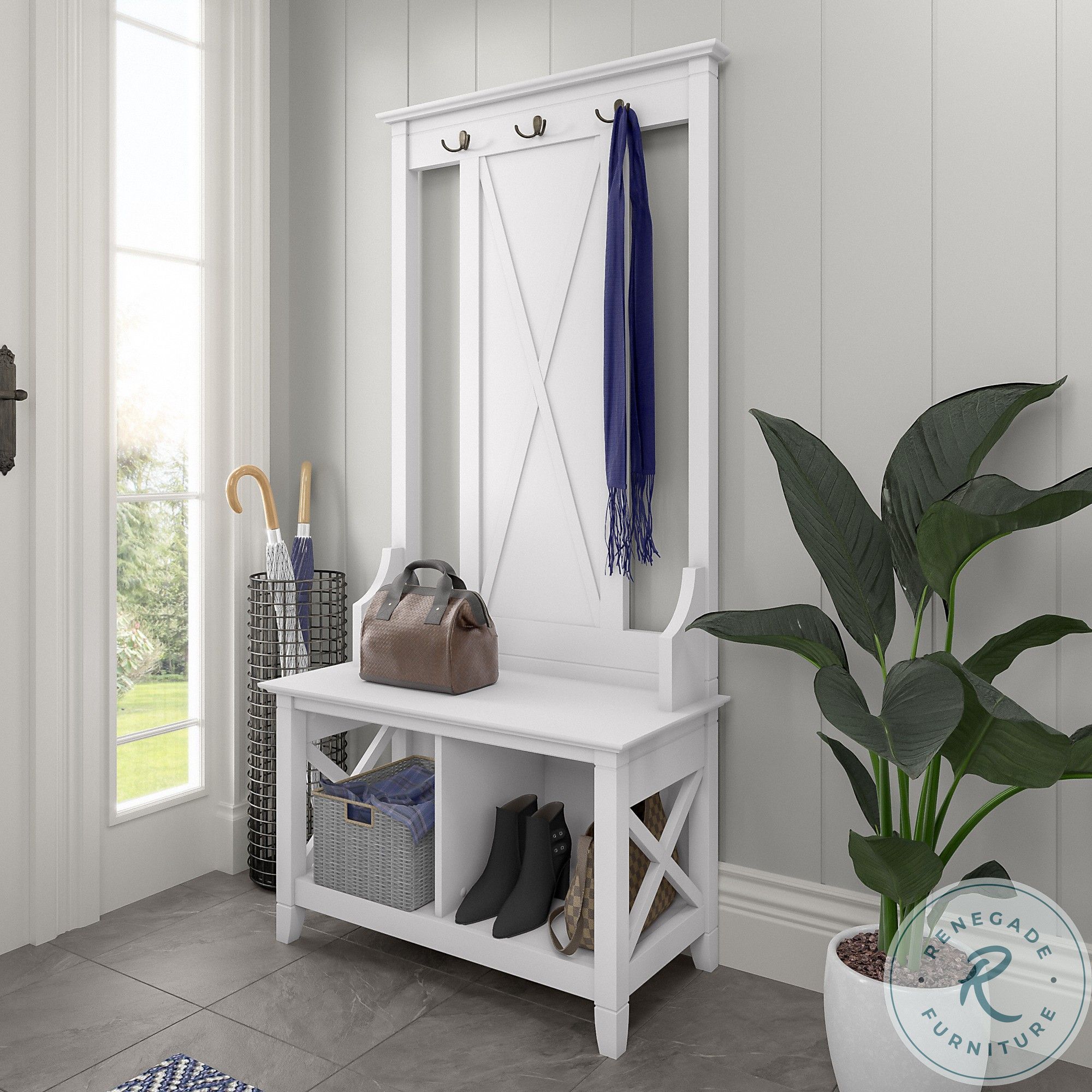 Key West Pure White Oak Hall Tree with Shoe Storage Bench