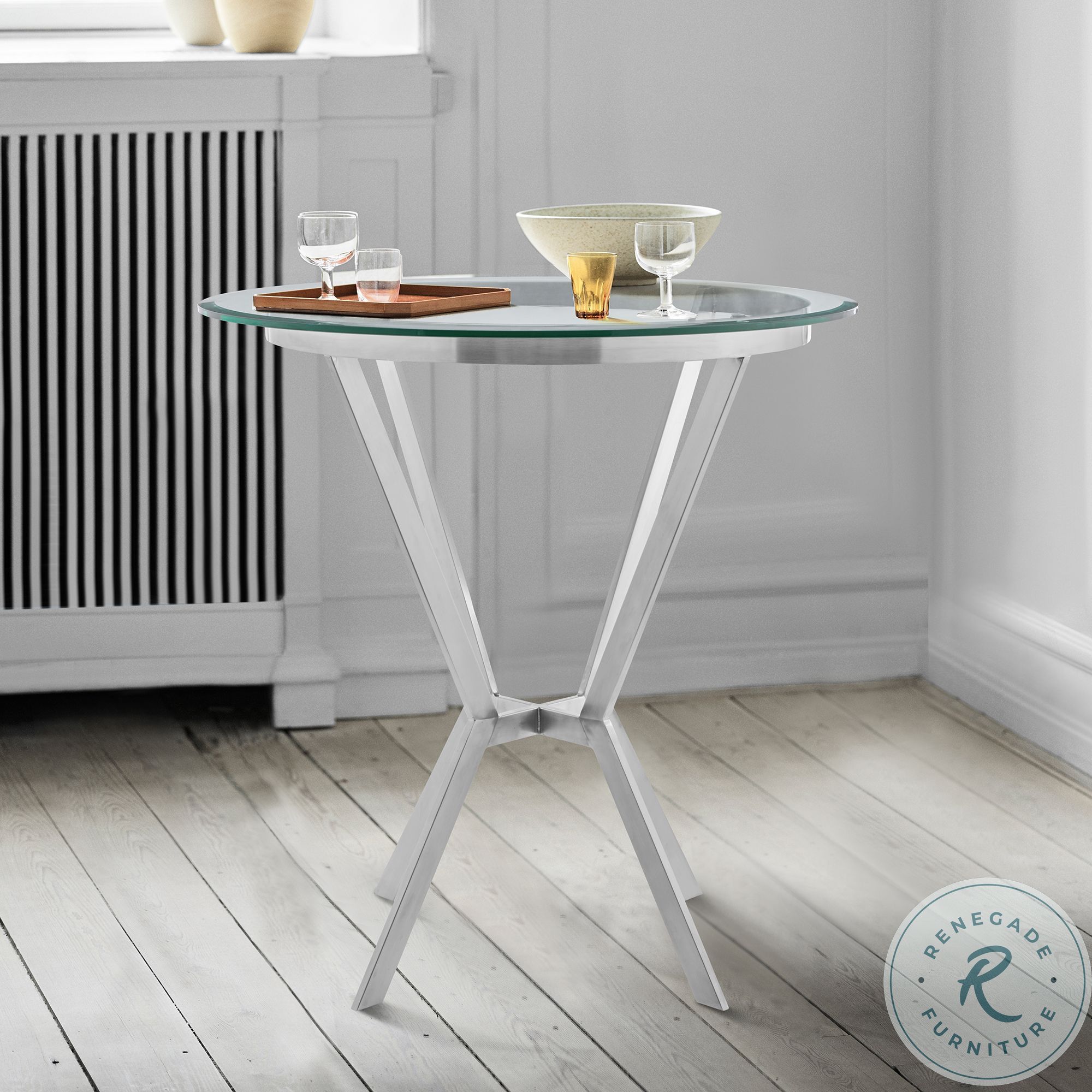 Naomi Round Glass and Brushed Stainless Steel Bar Table