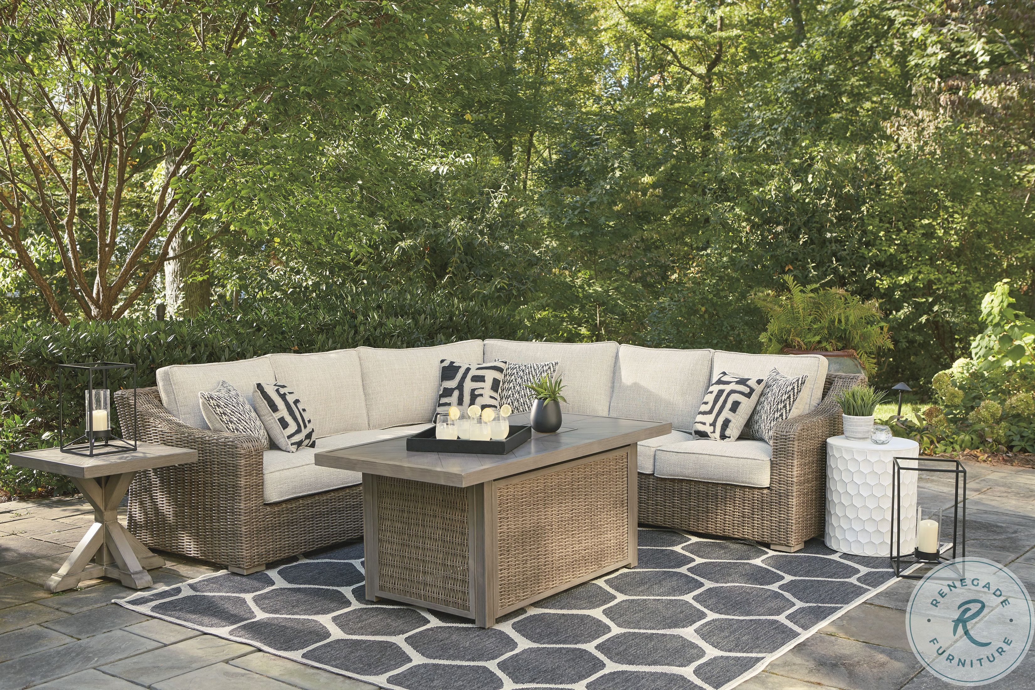 Beachcroft Beige 3 Piece Outdoor Sectional with Nuvella Cushions from Ashley | Home Gallery Stores