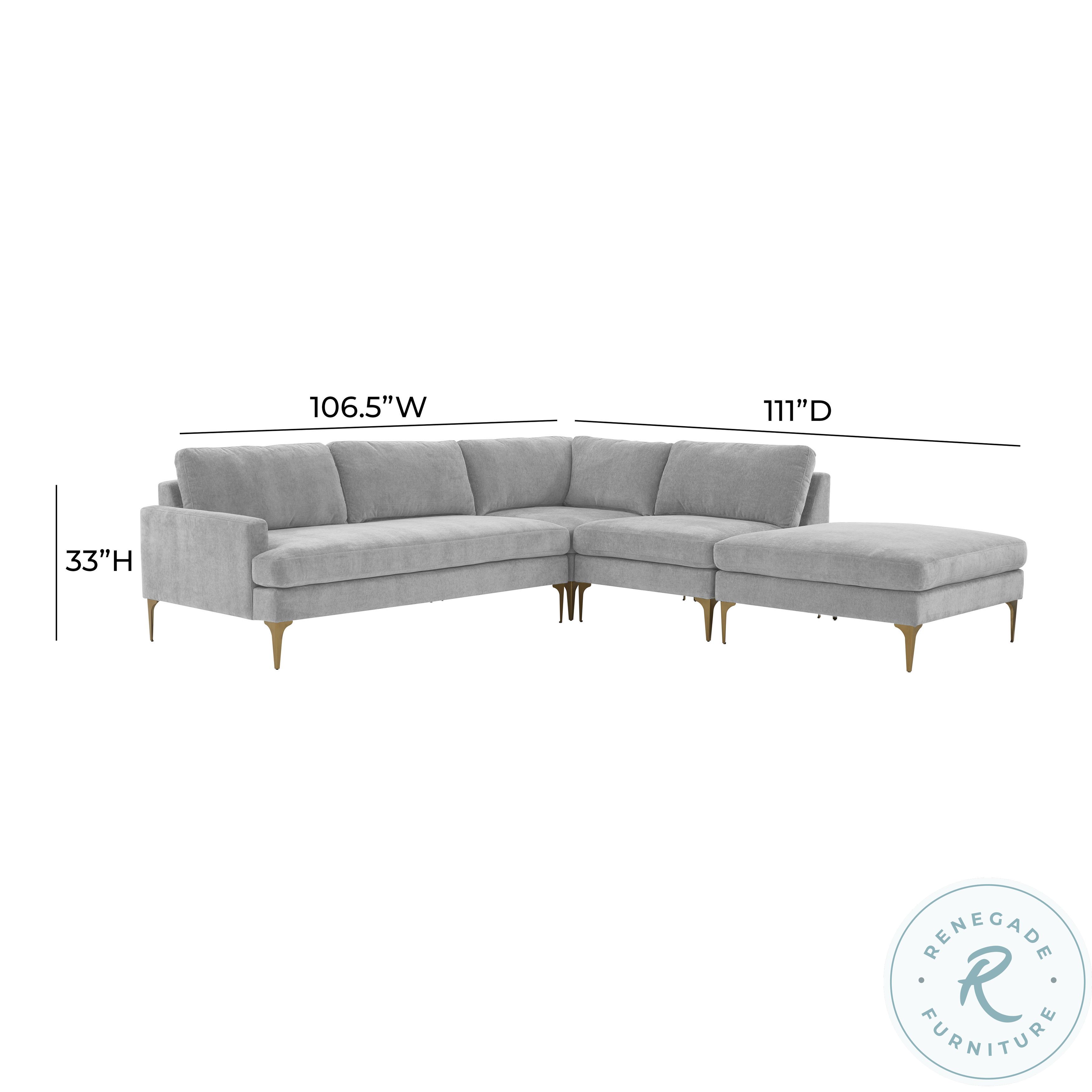 Serena Gray Velvet Large RAF Chaise Sectional with Brass Legs L05130