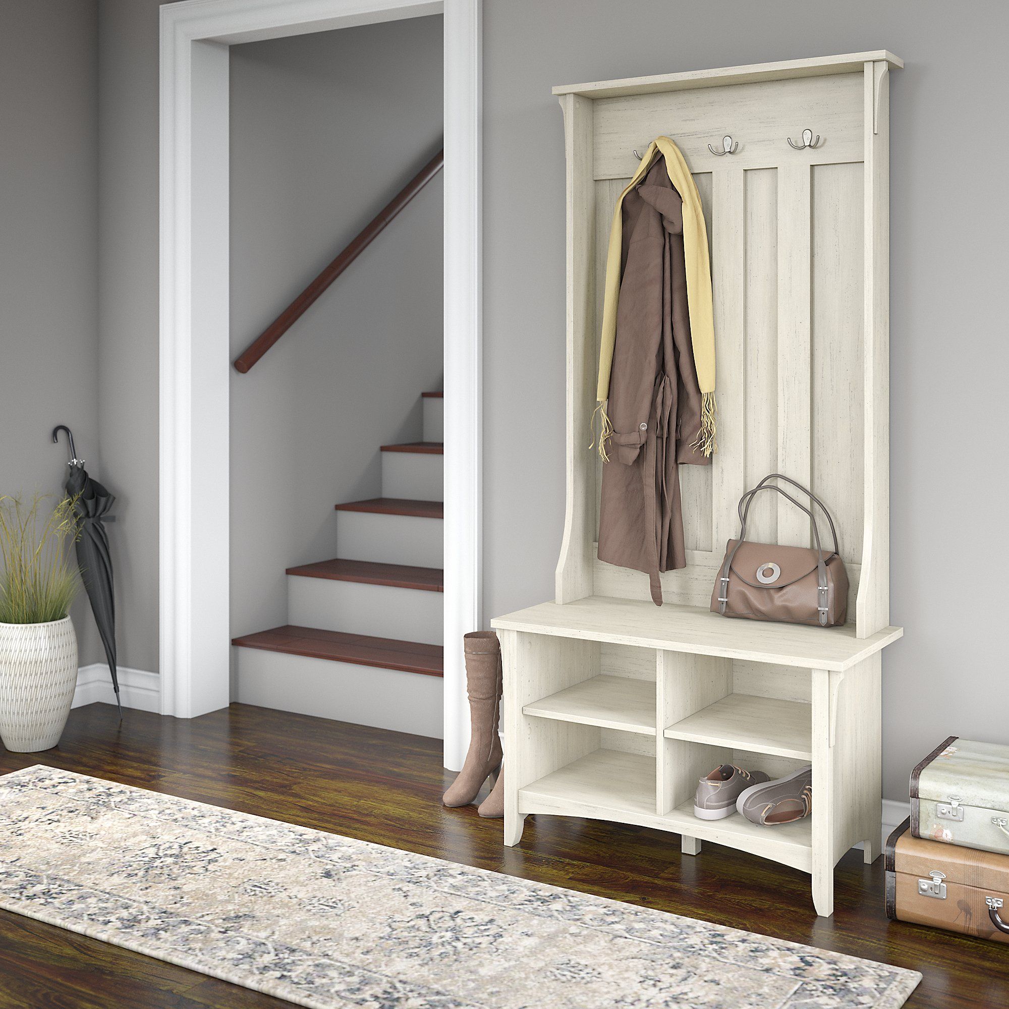 Salinas Antique White Hall Tree with Storage Bench HomeGalleryStores
