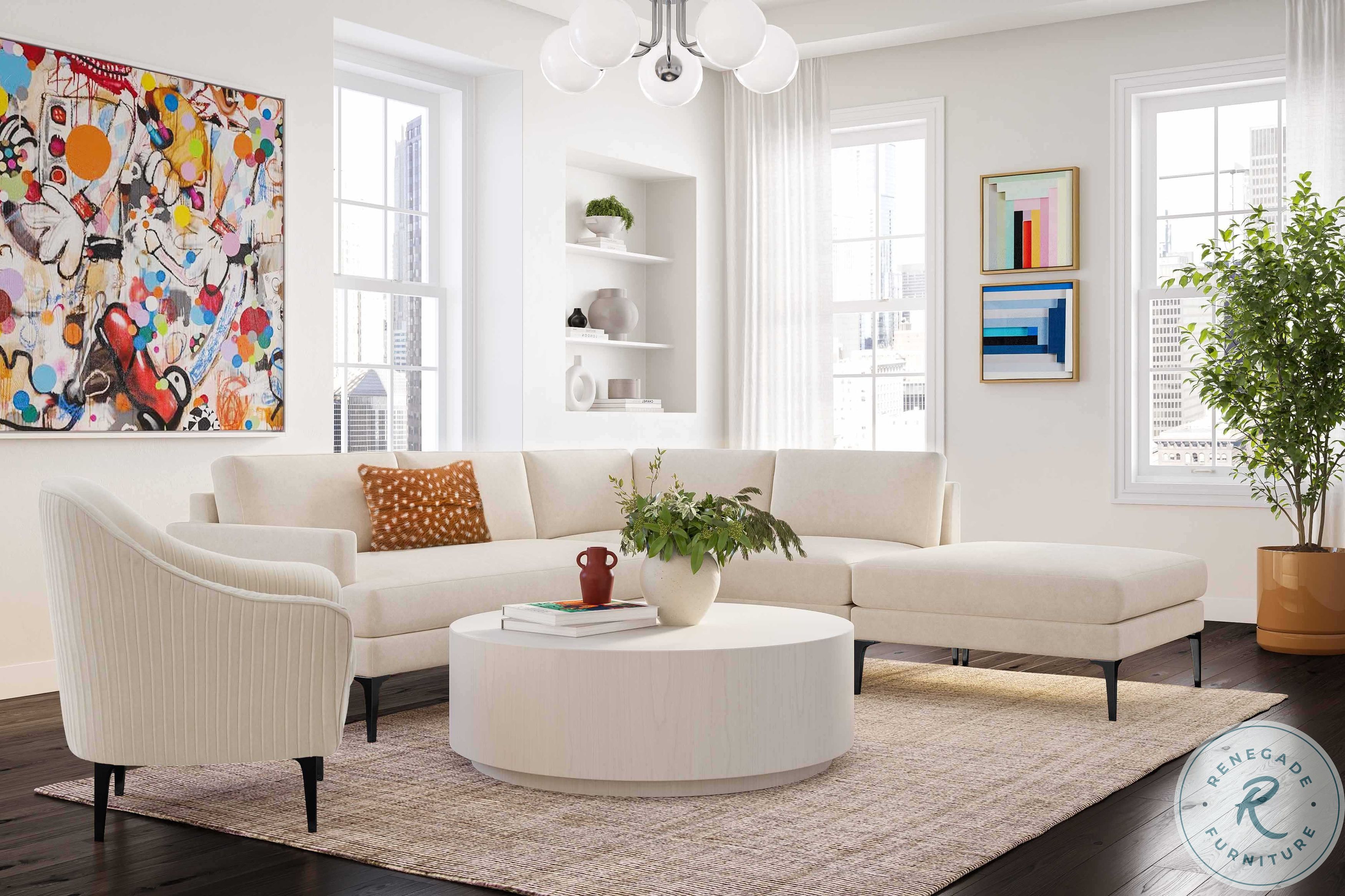 Serena Cream Velvet Large RAF Chaise Sectional with Black Legs L05110