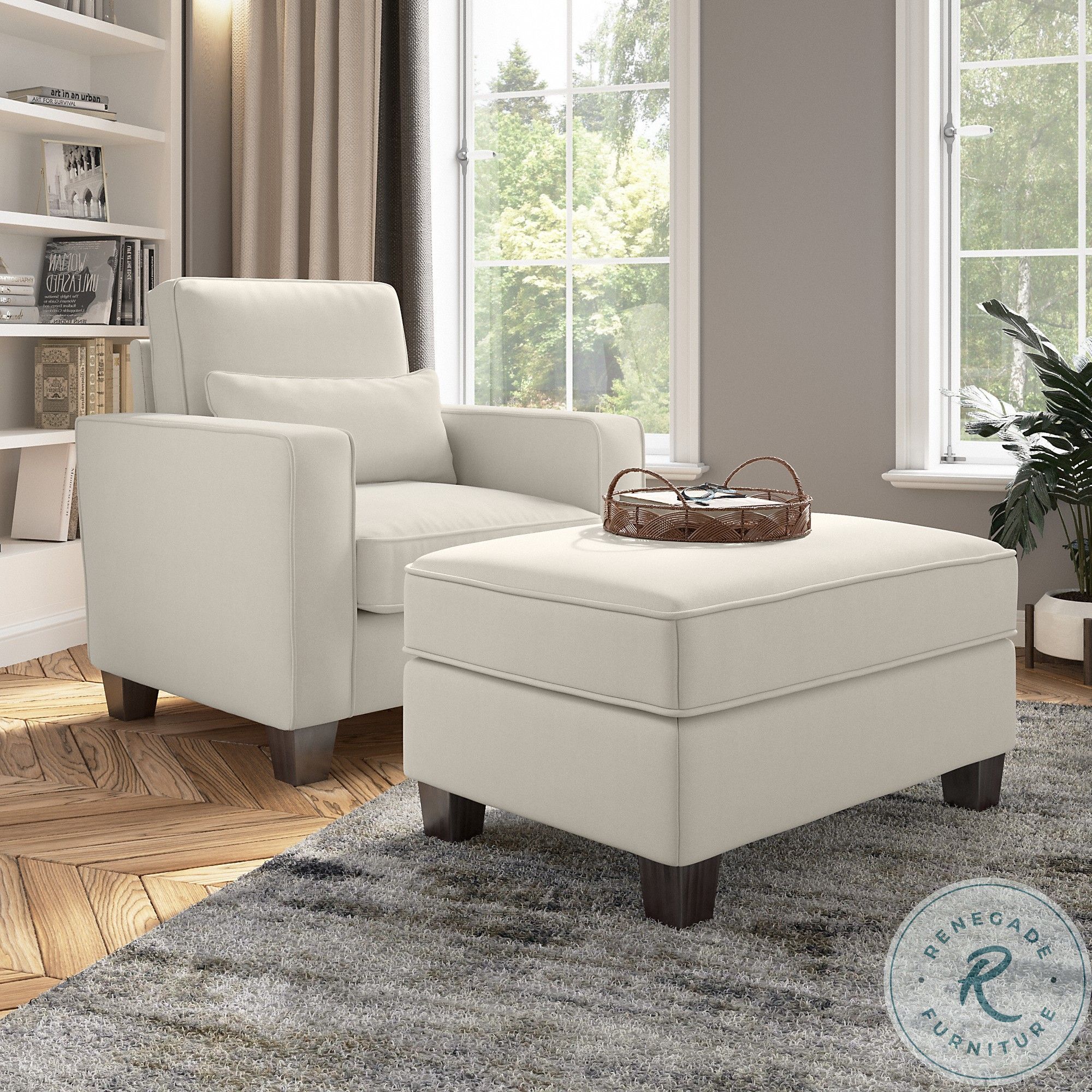 Stockton Cream Herringbone Accent Chair with Ottoman From Bush