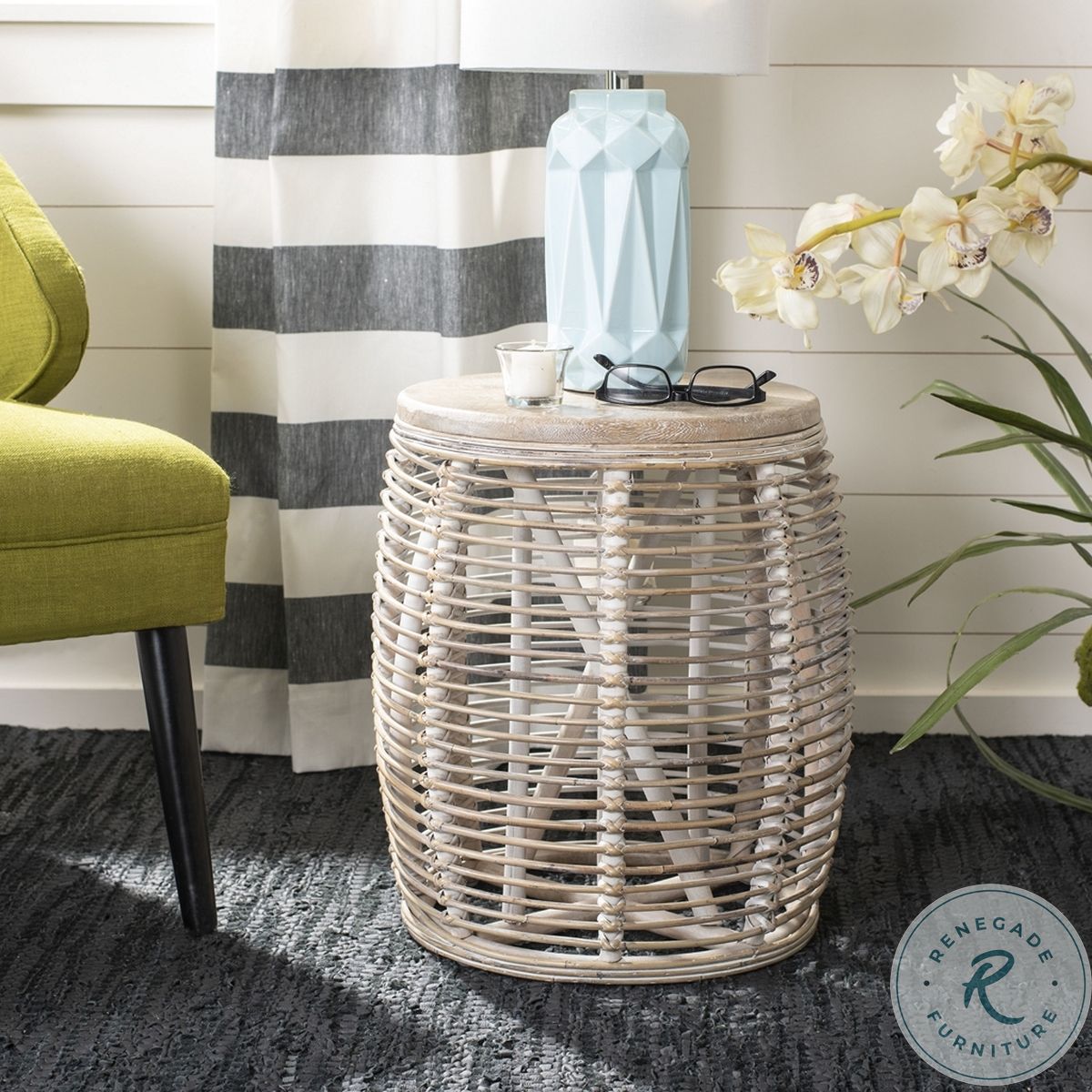 Maui White Washed Rattan Drum Stool Table