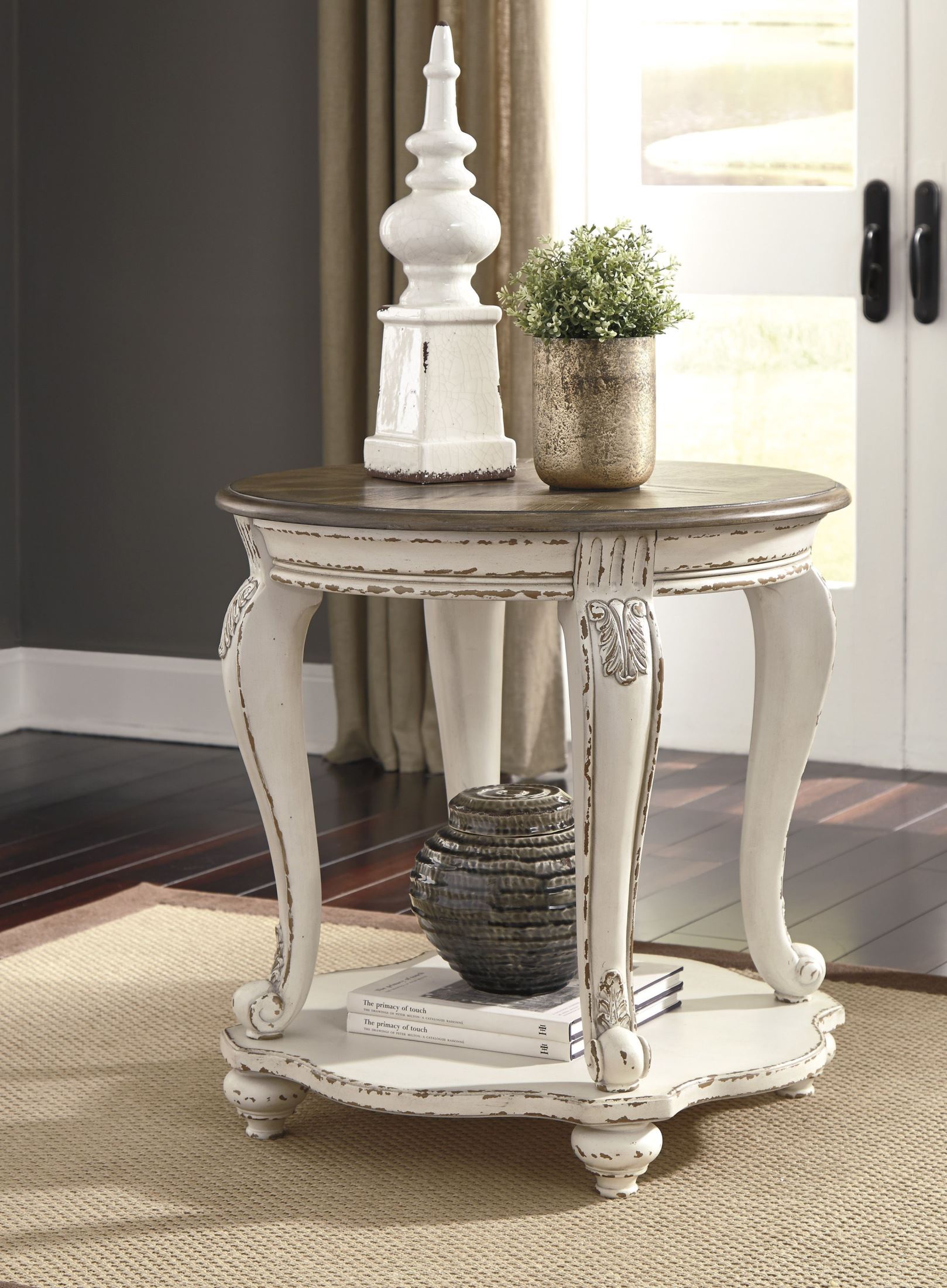Realyn White and Brown Round End Table
